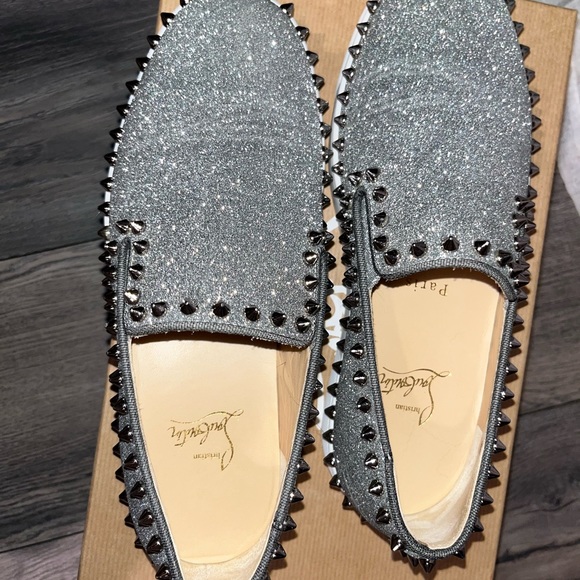 Christian Louboutin Calfskin Spikes Pik Boat Glitter Sneakers 37.5 Silver - Picture 3 of 6